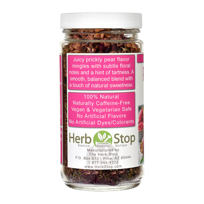 Jar of Prickly Pear Herb & Fruit Tea with a pink label on a white background