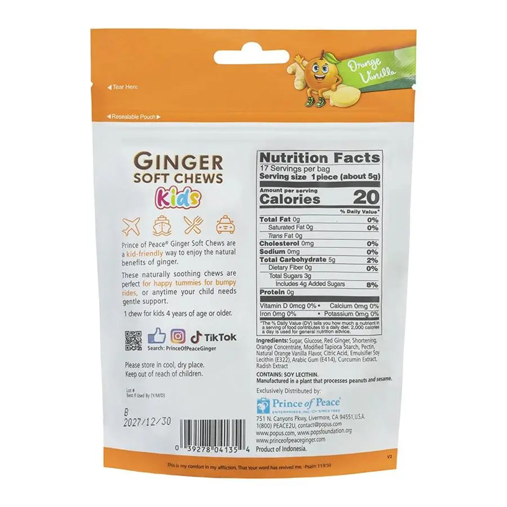 Back view of a Princess of Peace Kids Ginger Soft Chews Orange Vanilla bag, showing nutrition facts, product details, and branding on an orange and white package.