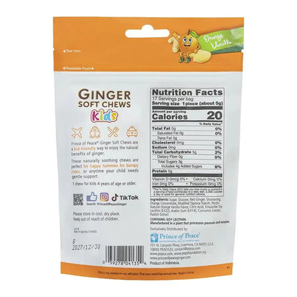 Back view of a Princess of Peace Kids Ginger Soft Chews Orange Vanilla bag, showing nutrition facts, product details, and branding on an orange and white package.