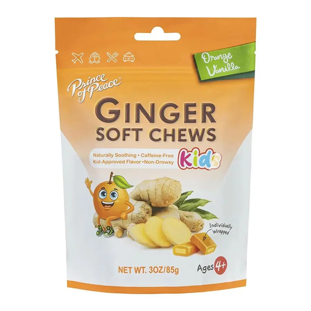 A 3 oz stand-up pouch of Prince of Peace Kids Ginger Soft Chews in Orange Vanilla flavor. The packaging features a bright orange and white design with illustrations of ginger root, sliced ginger, and a smiling orange character.