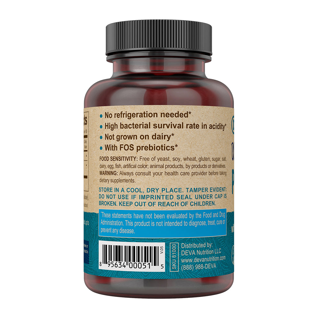 Deva Probiotics Supplement bottle with label on a white background