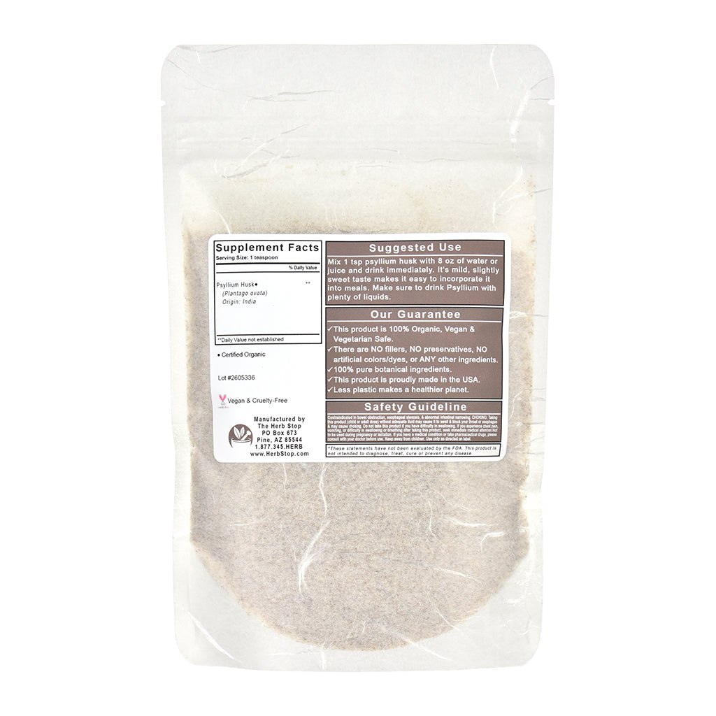 Organic psyllium seed husk bag with a label on a white background