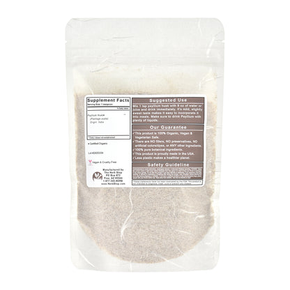 Organic psyllium seed husk bag with a label on a white background