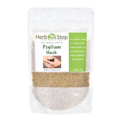 Packaged organic psyllium husk with Herb Stop branding on a white background