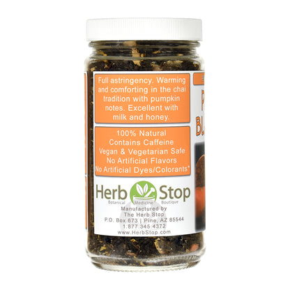 Jar of Pumpkin Black Chai Tea jar with a label on a white background