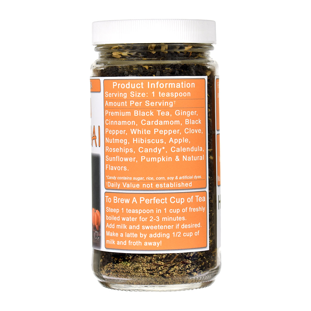 Jar of Pumpkin Black Chai tea with a label detailing product information on a white background