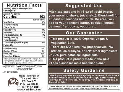 Organic Pumpkin Seed Protein Label - Back