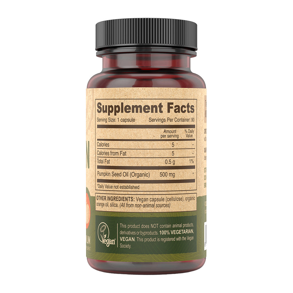 Deva Pumpkin Seed Oil supplement bottle with label showing 'Supplement Facts' on a white background