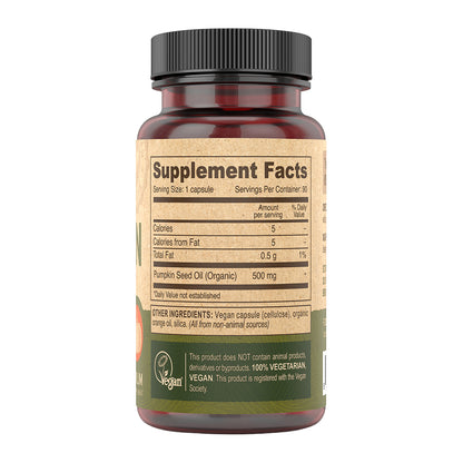 Deva Pumpkin Seed Oil supplement bottle with label showing 'Supplement Facts' on a white background