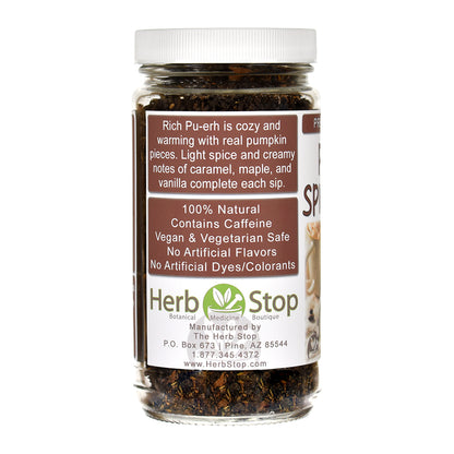 Jar of Herb Stop's Pumpkin Spice Pu-Erh Black tea with a label on a white background