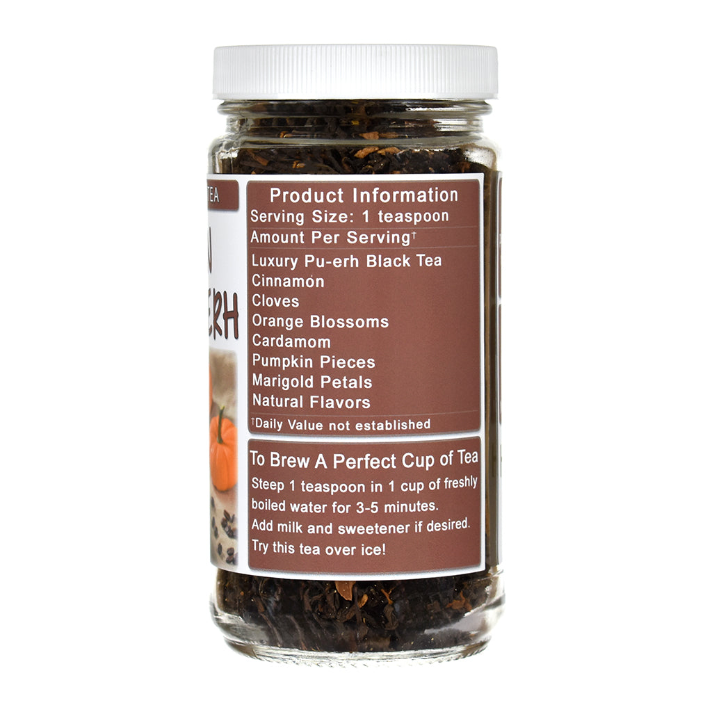 Jar of Pumpkin Spice Pu-Erh Black tea with a label on a white background