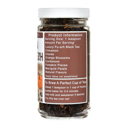 Jar of Pumpkin Spice Pu-Erh Black tea with a label on a white background
