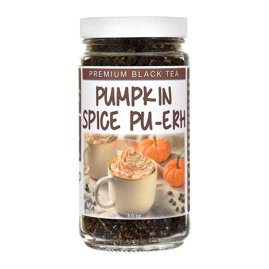 Jar of Pumpkin Spice Pu-erh tea with a white lid on a white background