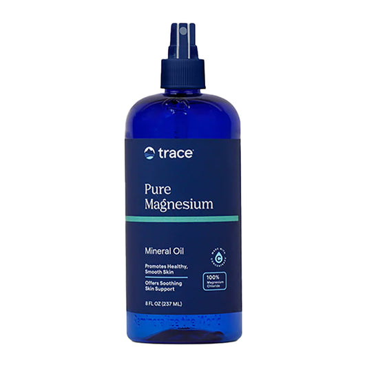 Pure Magnesium Oil by Trace Minerals Research in a blue spray bottle.