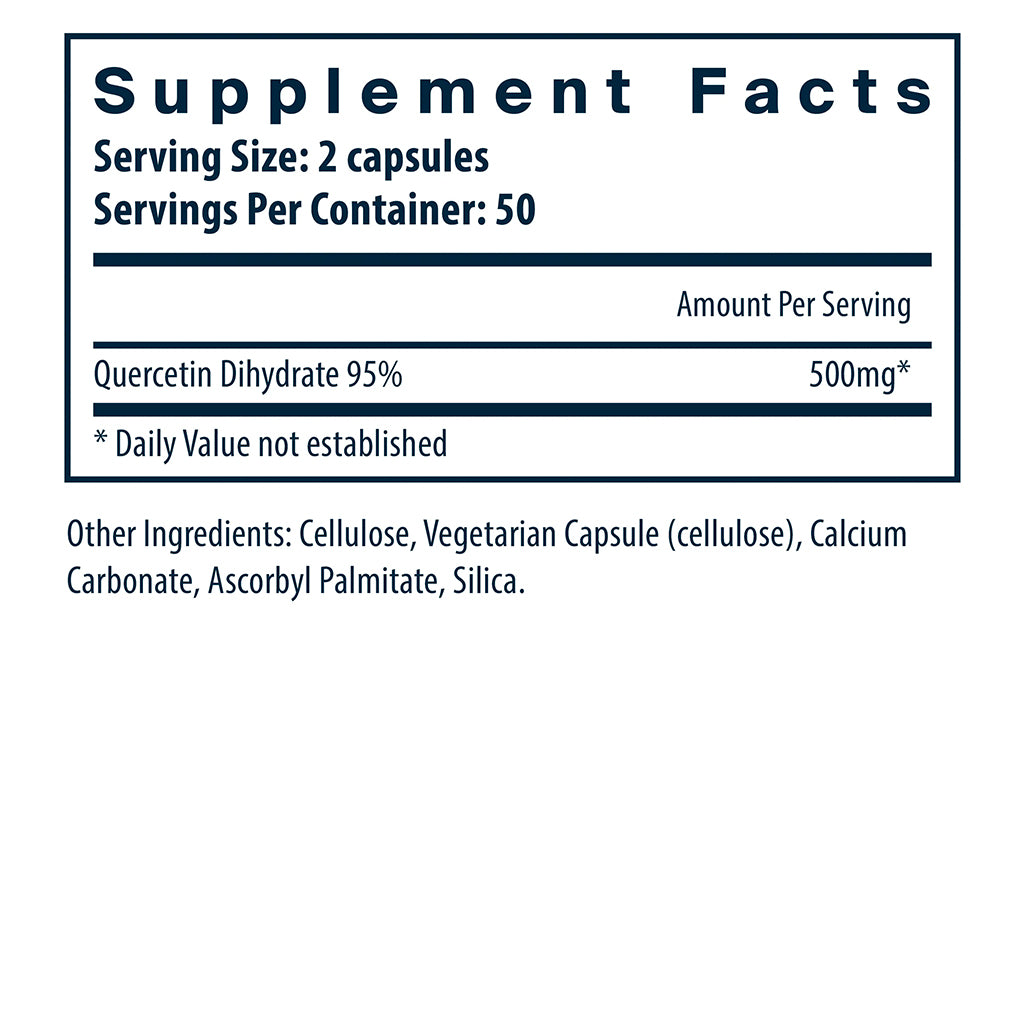 Quercetin supplement facts label with quercetin dihydrate content on a white background