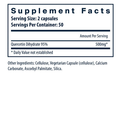 Quercetin supplement facts label with quercetin dihydrate content on a white background