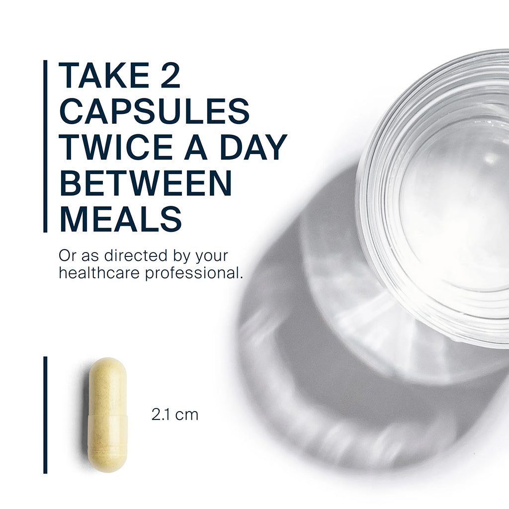 Quercetin Capsule and glass of water with text on a white background