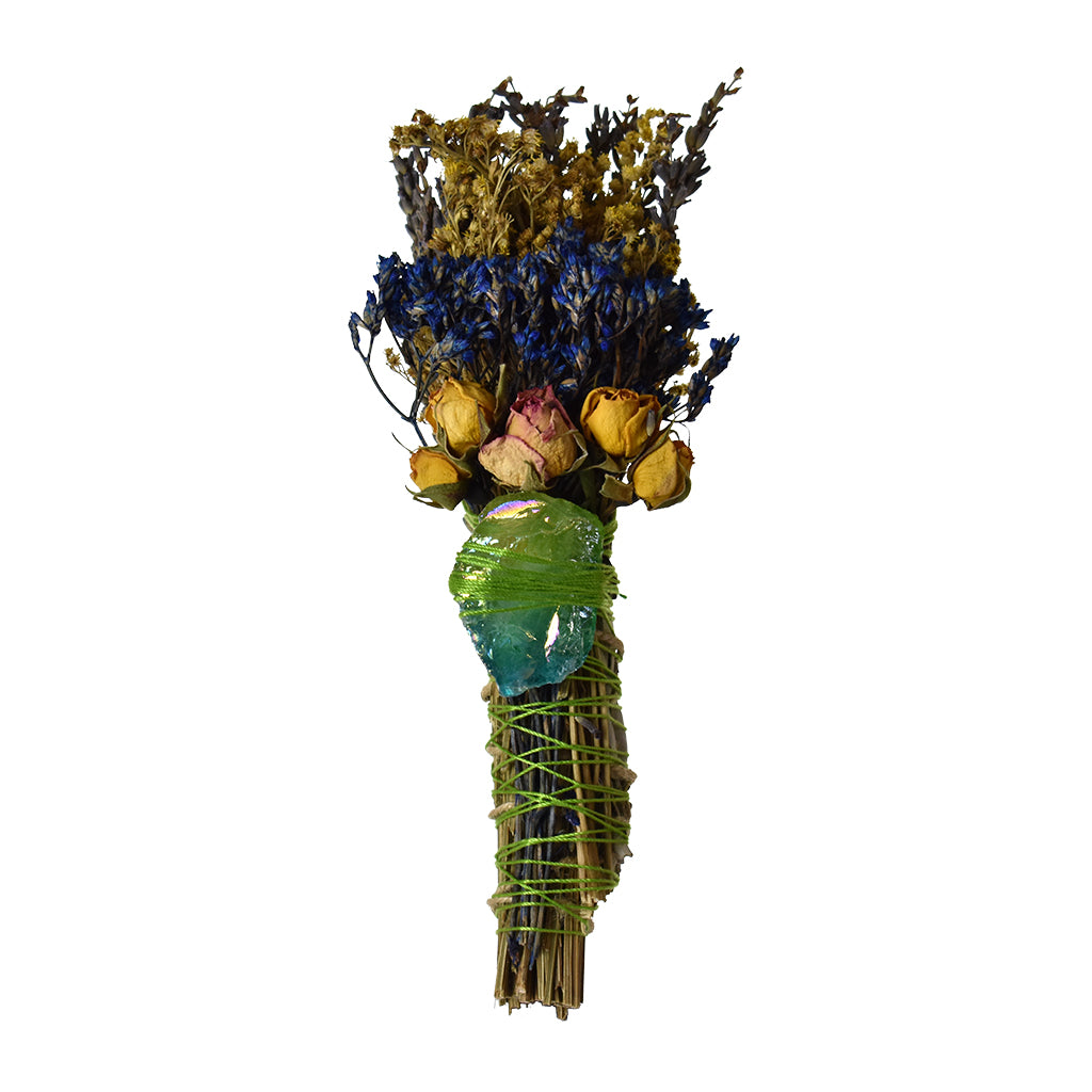 Handcrafted Rainbow Aura Quartz Smudge Stick with lavender, white sage, dried roses, and a green-blue crystal tied with green twine