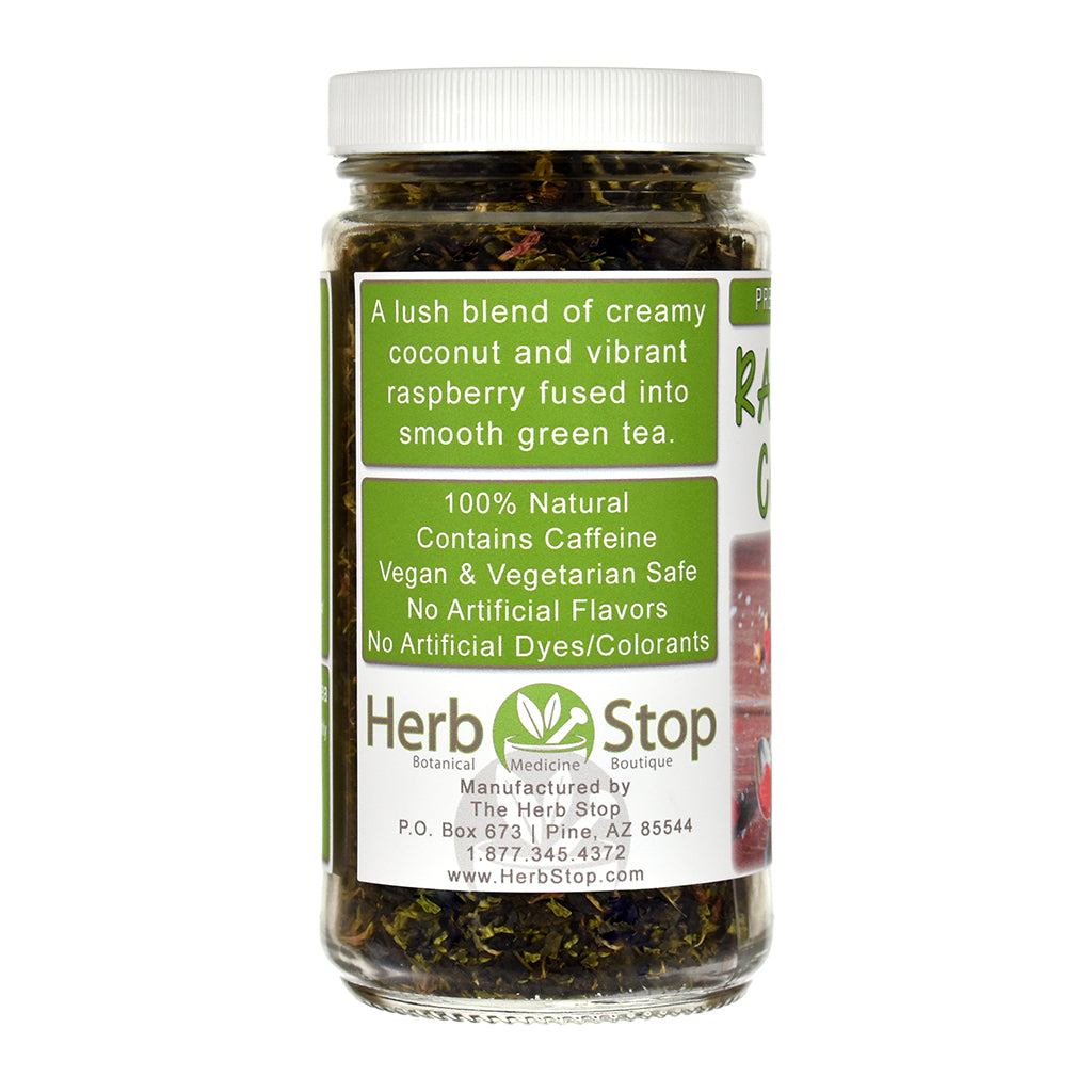 Jar of Raspberry Coconut Green tea with a label on a white background