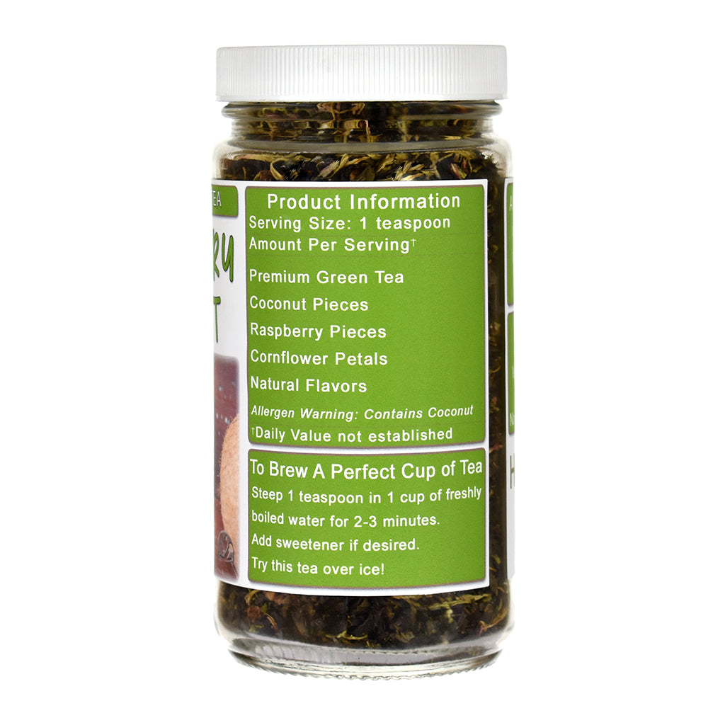Jar of Raspberry Coconut green tea with a label on a white background