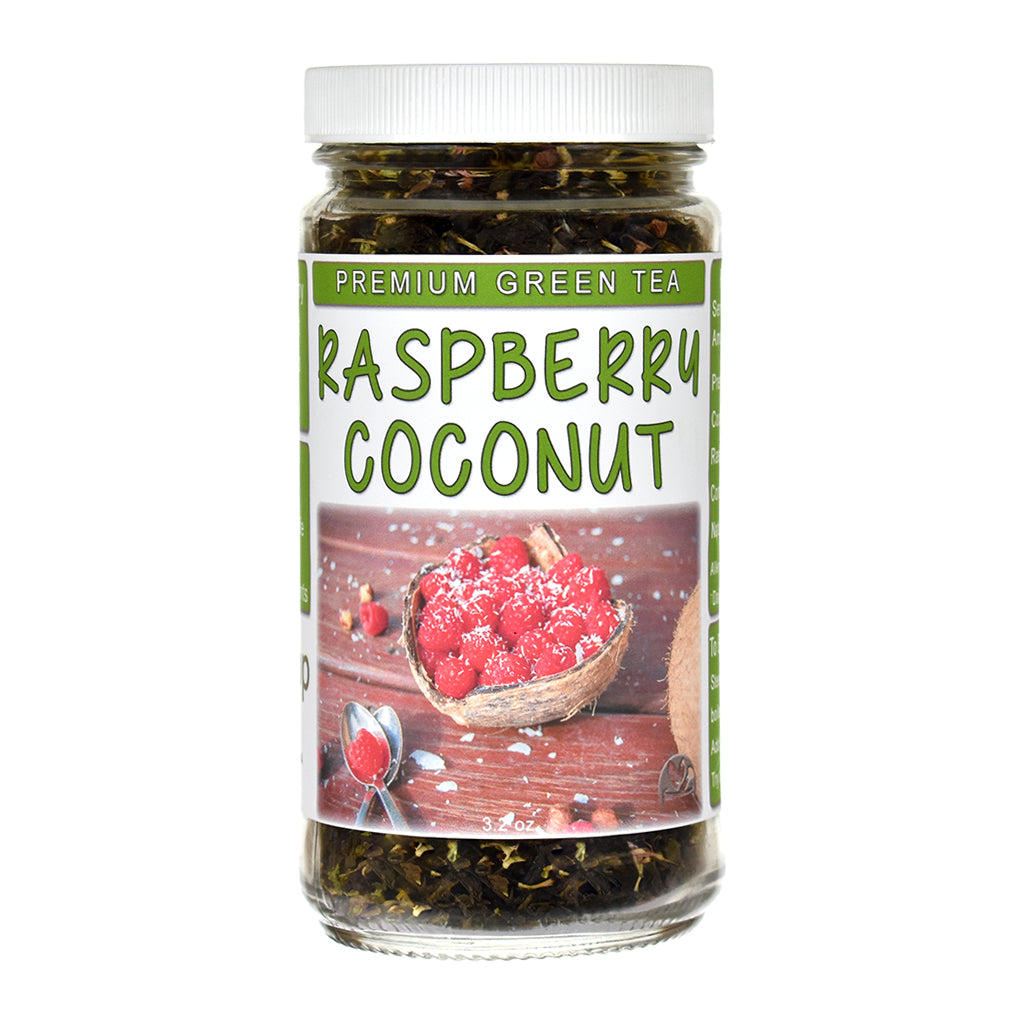 Jar of raspberry coconut green tea on a white background