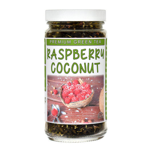Jar of raspberry coconut green tea on a white background