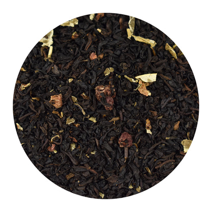 Raspberry Decaffeinated Black Loose Leaf Tea on a white background