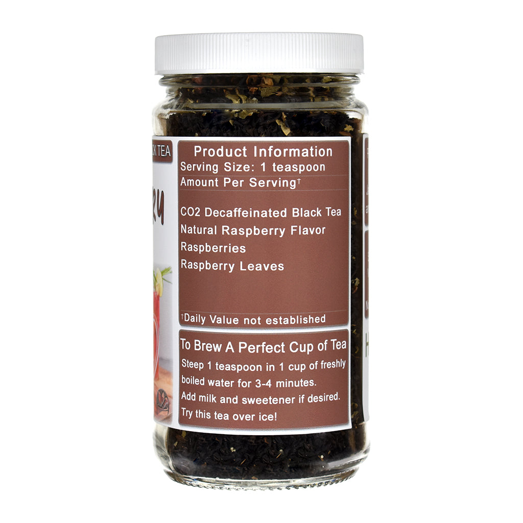 Jar of Raspberry Decaf Black Loose Leaf Tea with a label on a white background