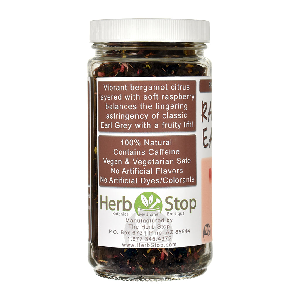 Jar of Herb Stop Raspberry Earl Grey Black Tea with a label on a white background