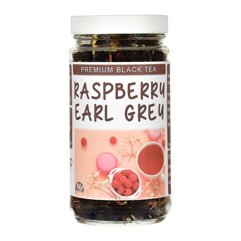 Jar of Raspberry Earl Grey premium black tea on a white background