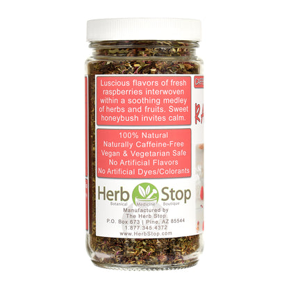 Jar of Raspberry Honeybush Tea jar with a label on a white background