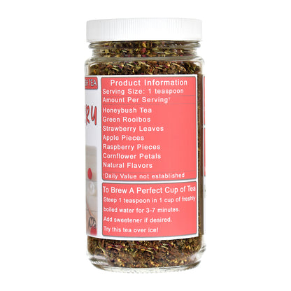 Jar of Raspberry Honeybush Tea with a red label on a white background