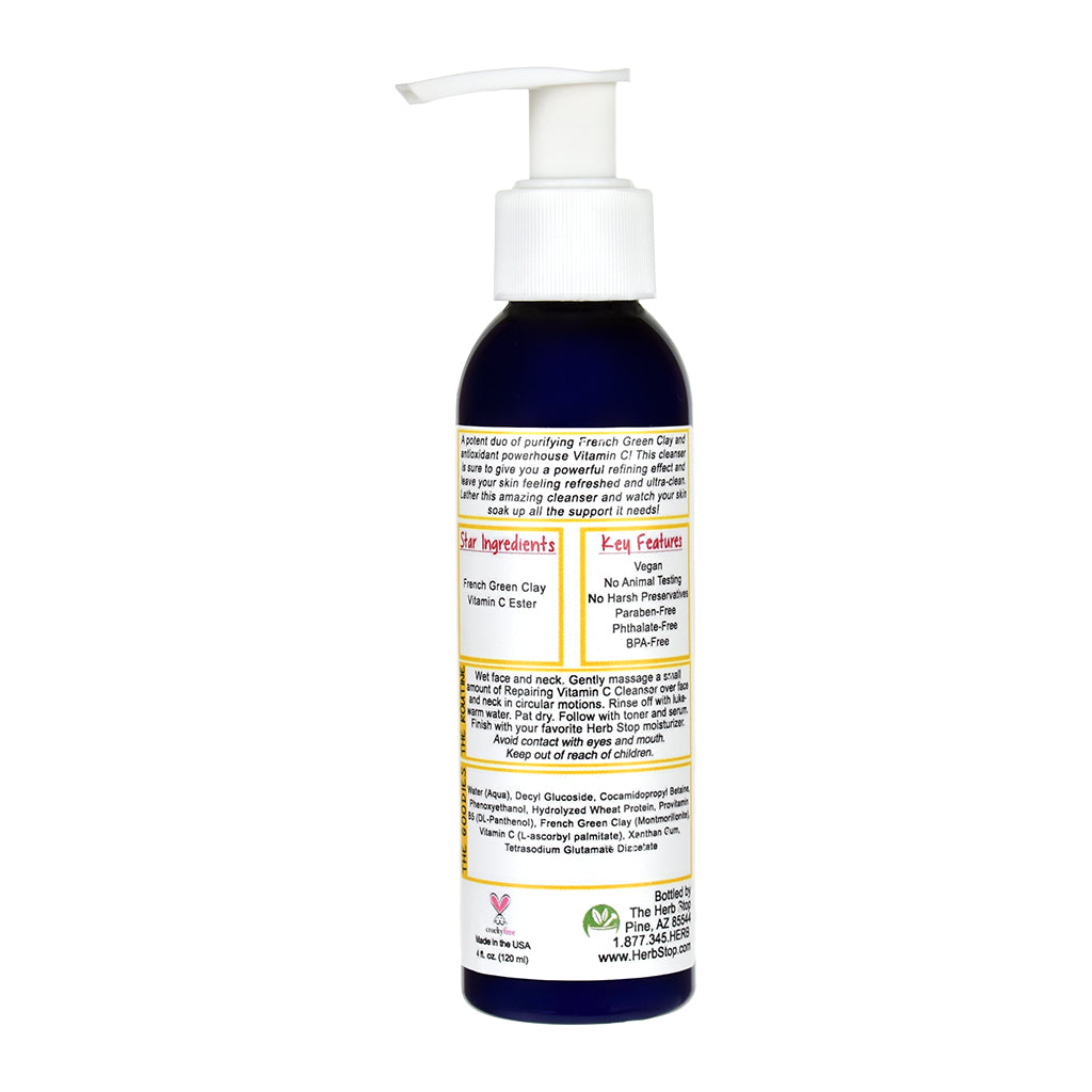 Bottle of Repairing Vitamin C Cleanser with pump and label on a white background