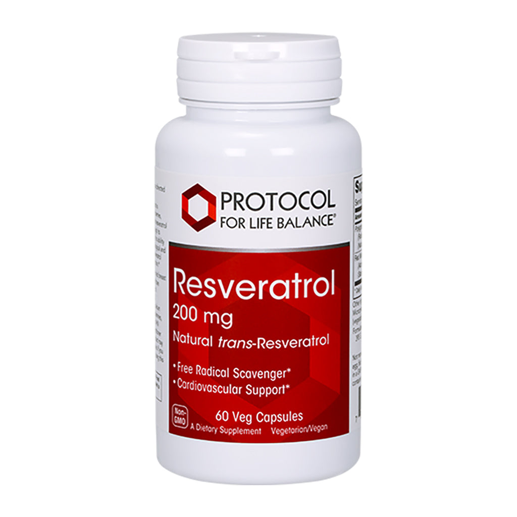 Supplement bottle labeled 'Protocol for Life Balance' with Resveratrol 200 mg on a white background