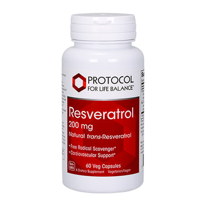 Supplement bottle labeled 'Protocol for Life Balance' with Resveratrol 200 mg on a white background