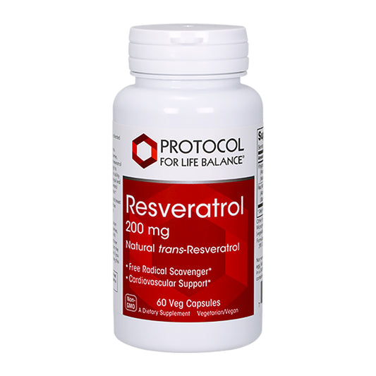 Supplement bottle labeled 'Protocol for Life Balance' with Resveratrol 200 mg on a white background