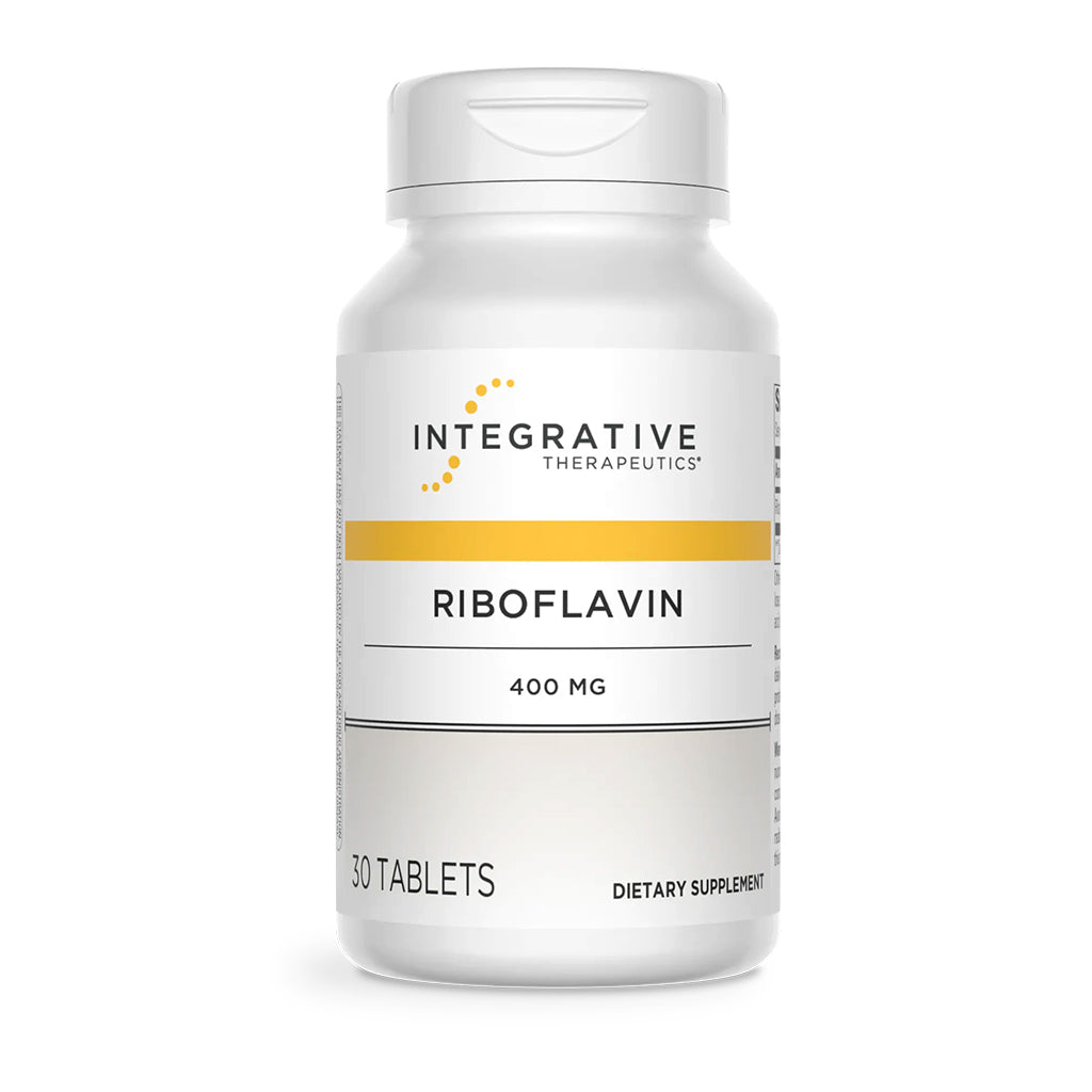 Supplement bottle labeled 'Riboflavin' by Integrative Therapeutics on a white background