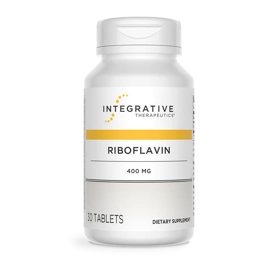 Supplement bottle labeled 'Riboflavin' by Integrative Therapeutics on a white background