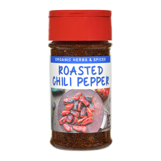 Organic Roasted Chili Pepper spice jar on a white background