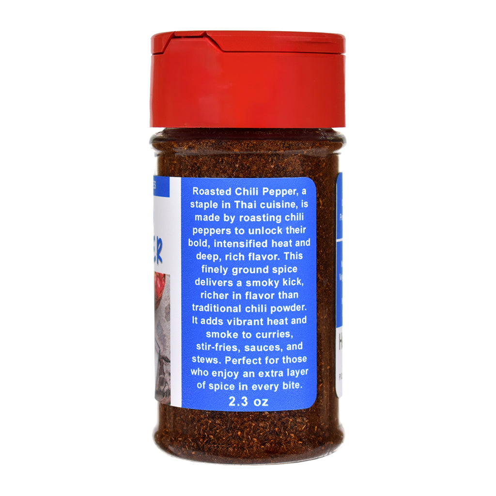 Roasted Chili Pepper Powder spice jar with red lid and blue label on a white background