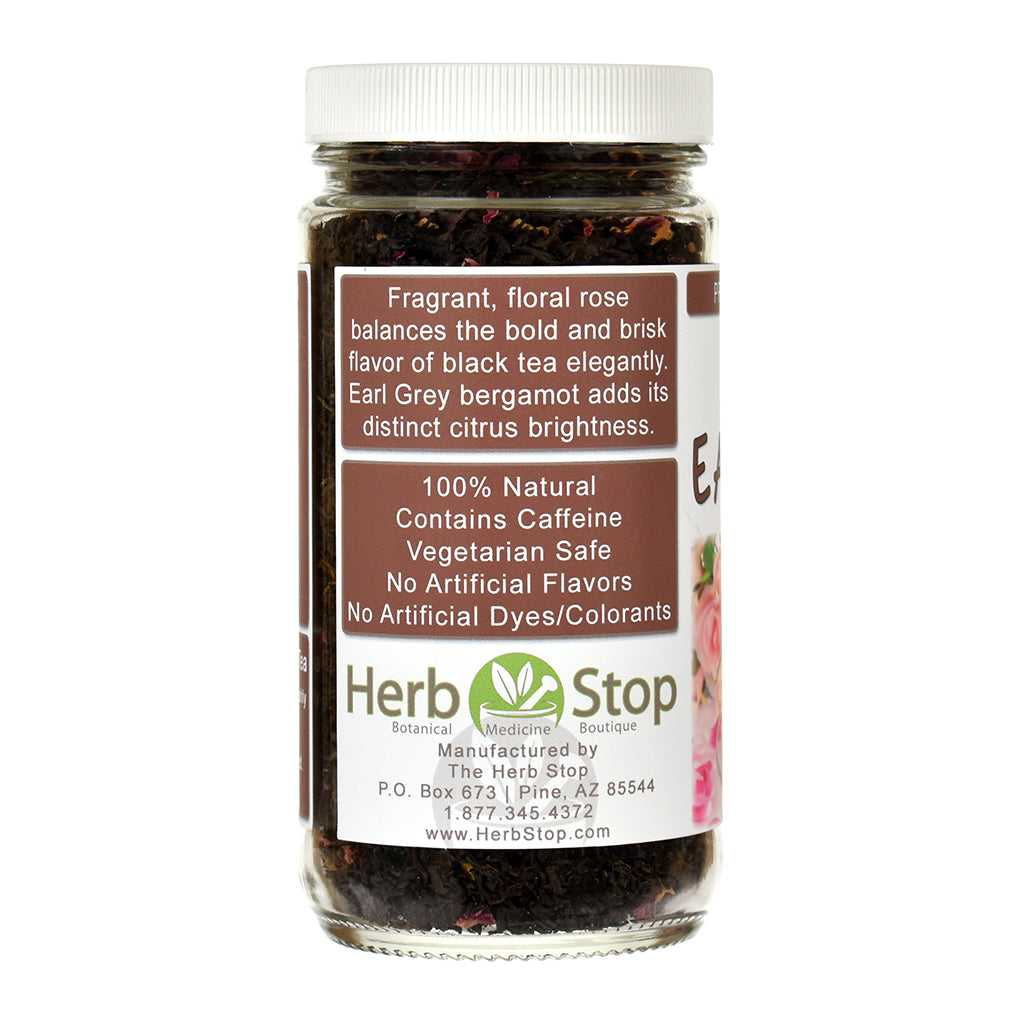 Jar of Rose Earl Grey tea with a label on a white background