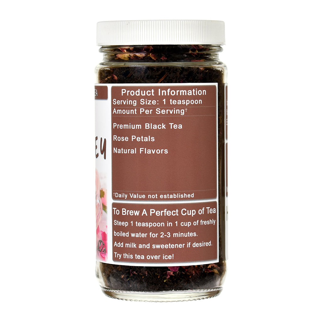 Jar of Rose Earl Grey black tea with a label on a white background