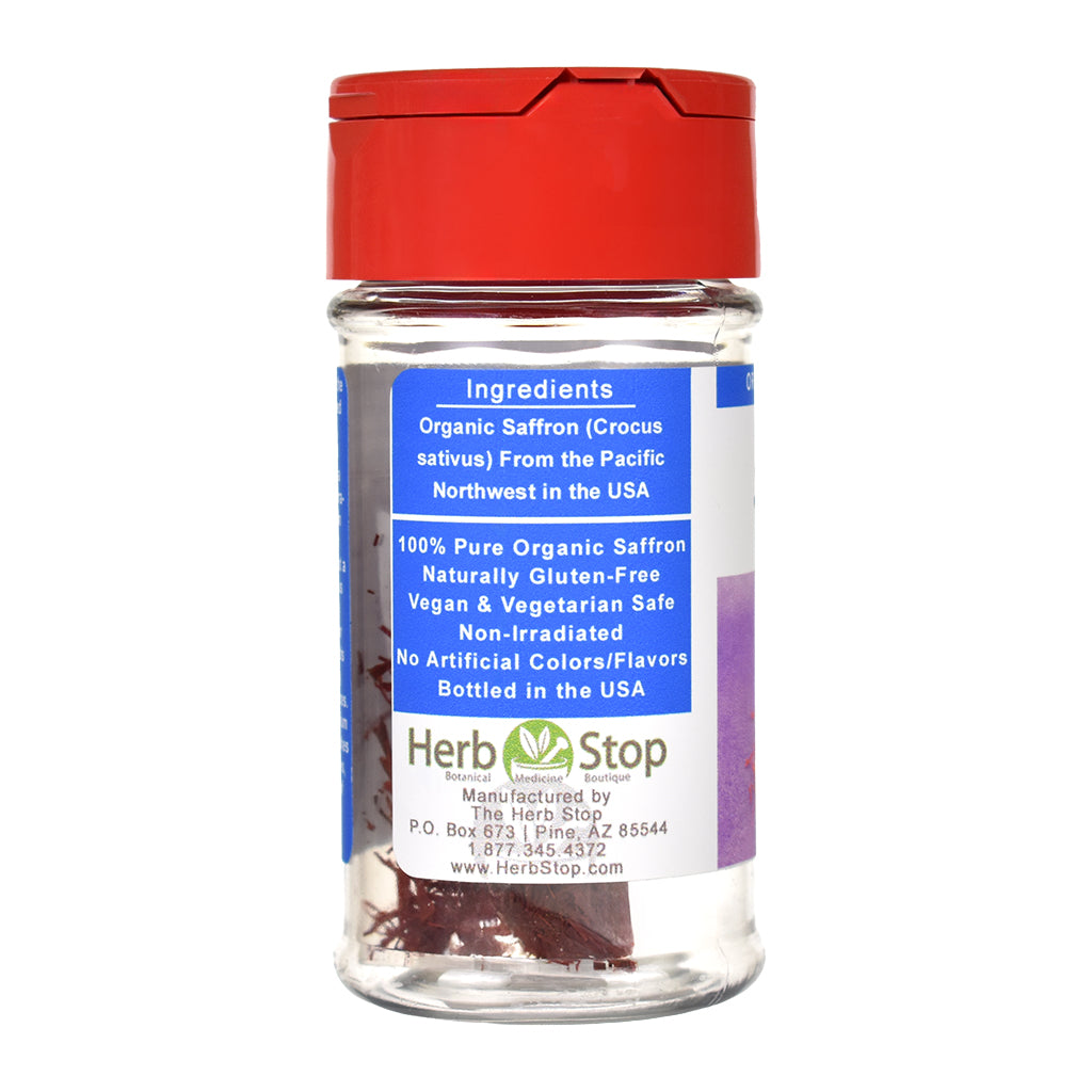 Herb Stop saffron jar with red lid on a white background