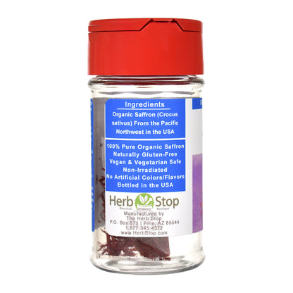 Herb Stop saffron jar with red lid on a white background