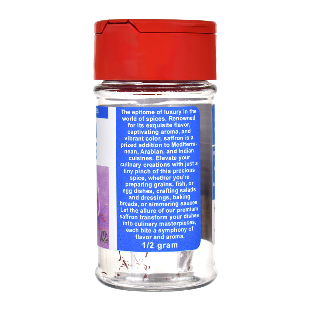 Saffron threads spice jar with red lid and blue label on a white background