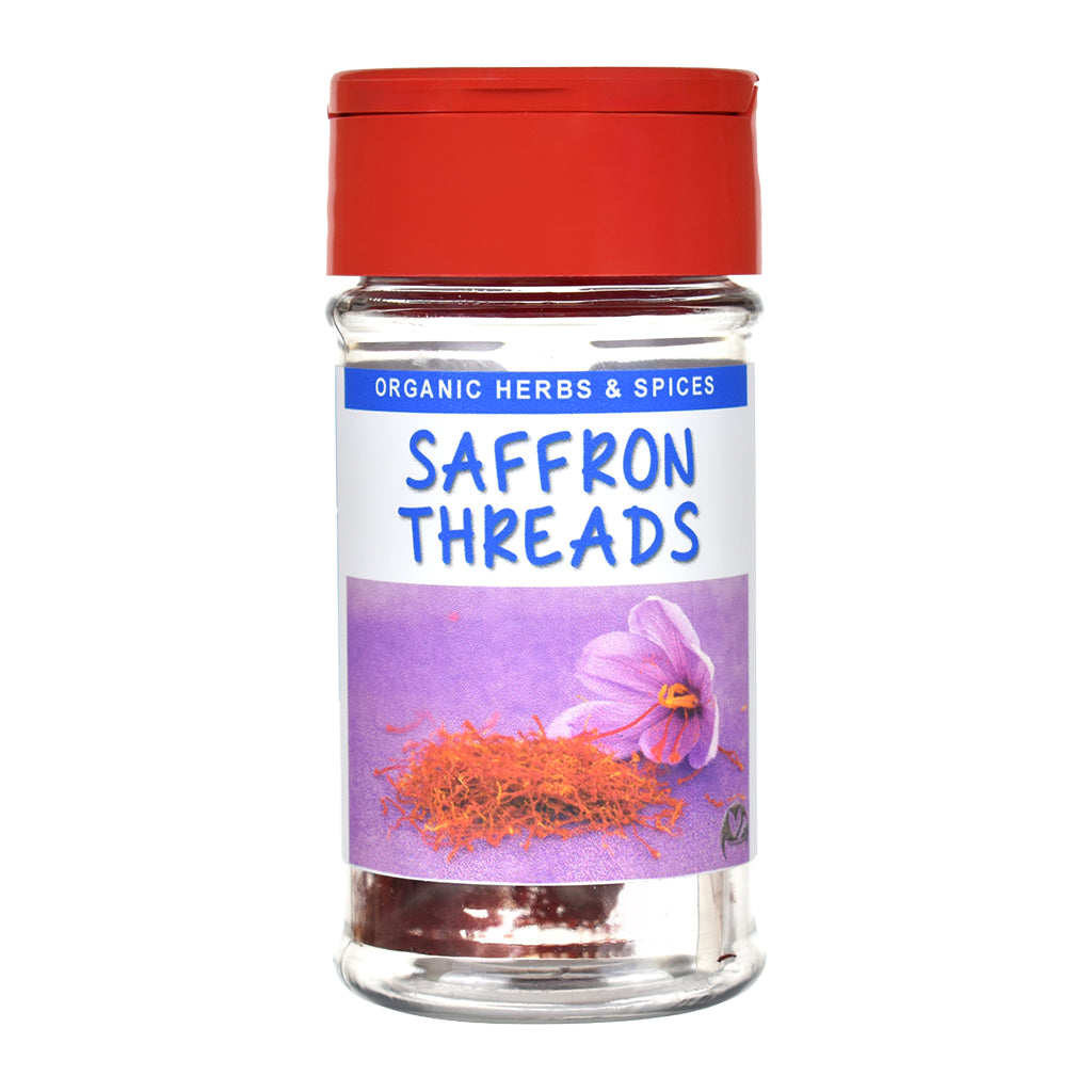 Jar of organic saffron threads with a red lid on a white background