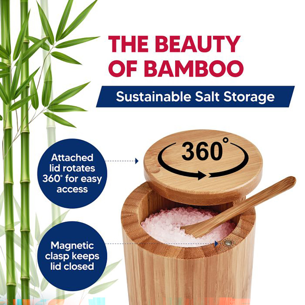 Wooden salt storage container with bamboo leaves and text about sustainable salt storage.