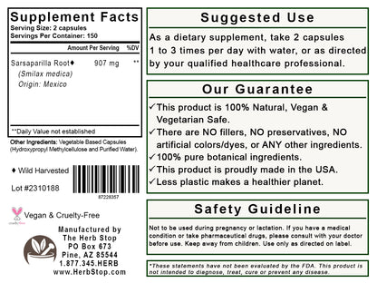 Sarsaparilla Root Capsules Label - Back