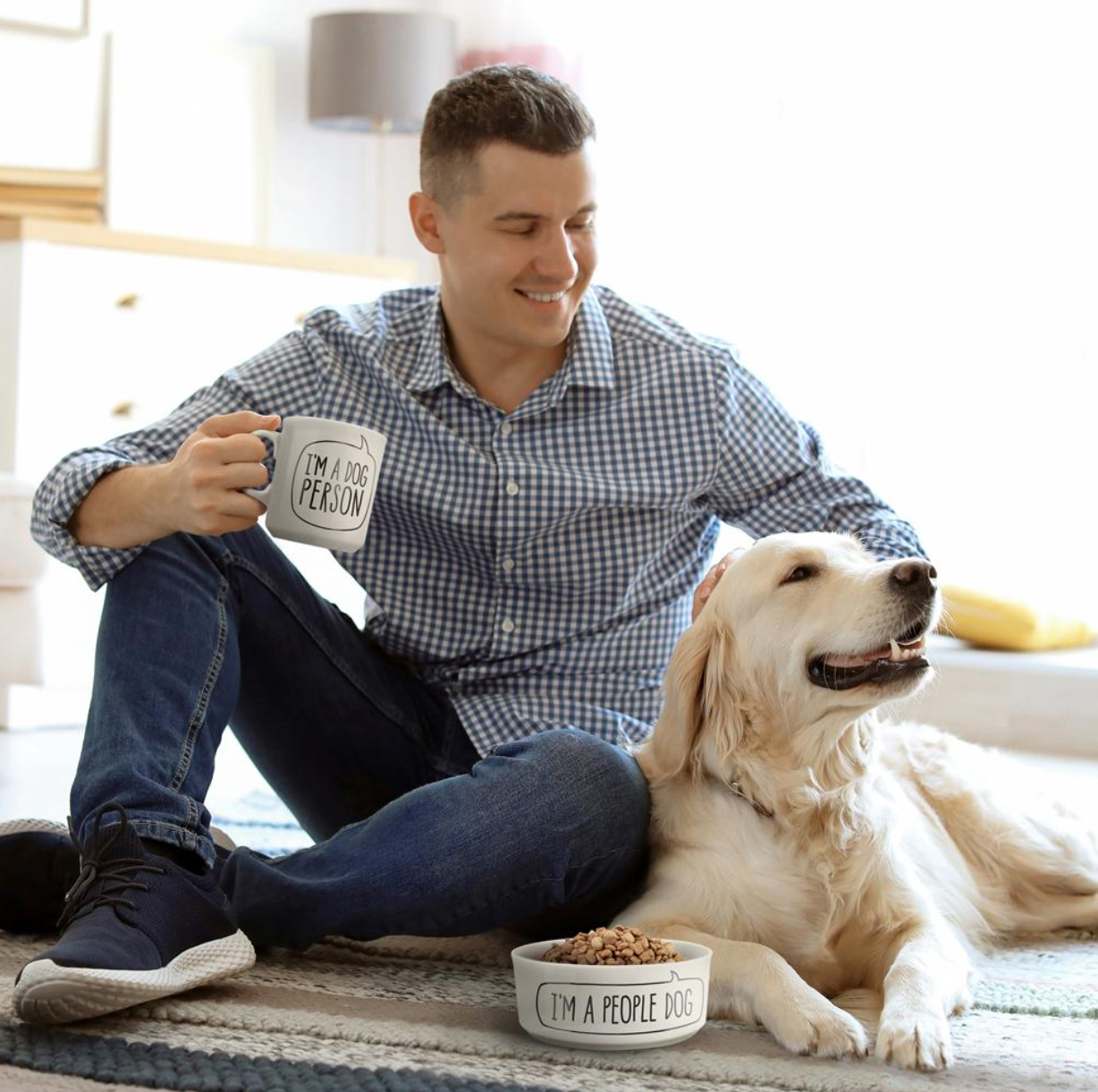 Fred Man holding Dog Person Mug &  Dog eating People Dog Bowl