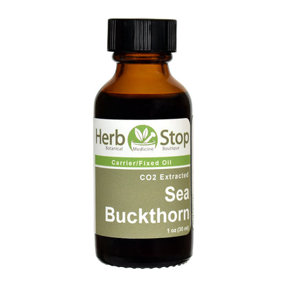 A 1 oz amber glass bottle of Herb Stop CO2 Extracted Sea Buckthorn Carrier/Fixed Oil with a black cap and olive green and white label, on a white background.
